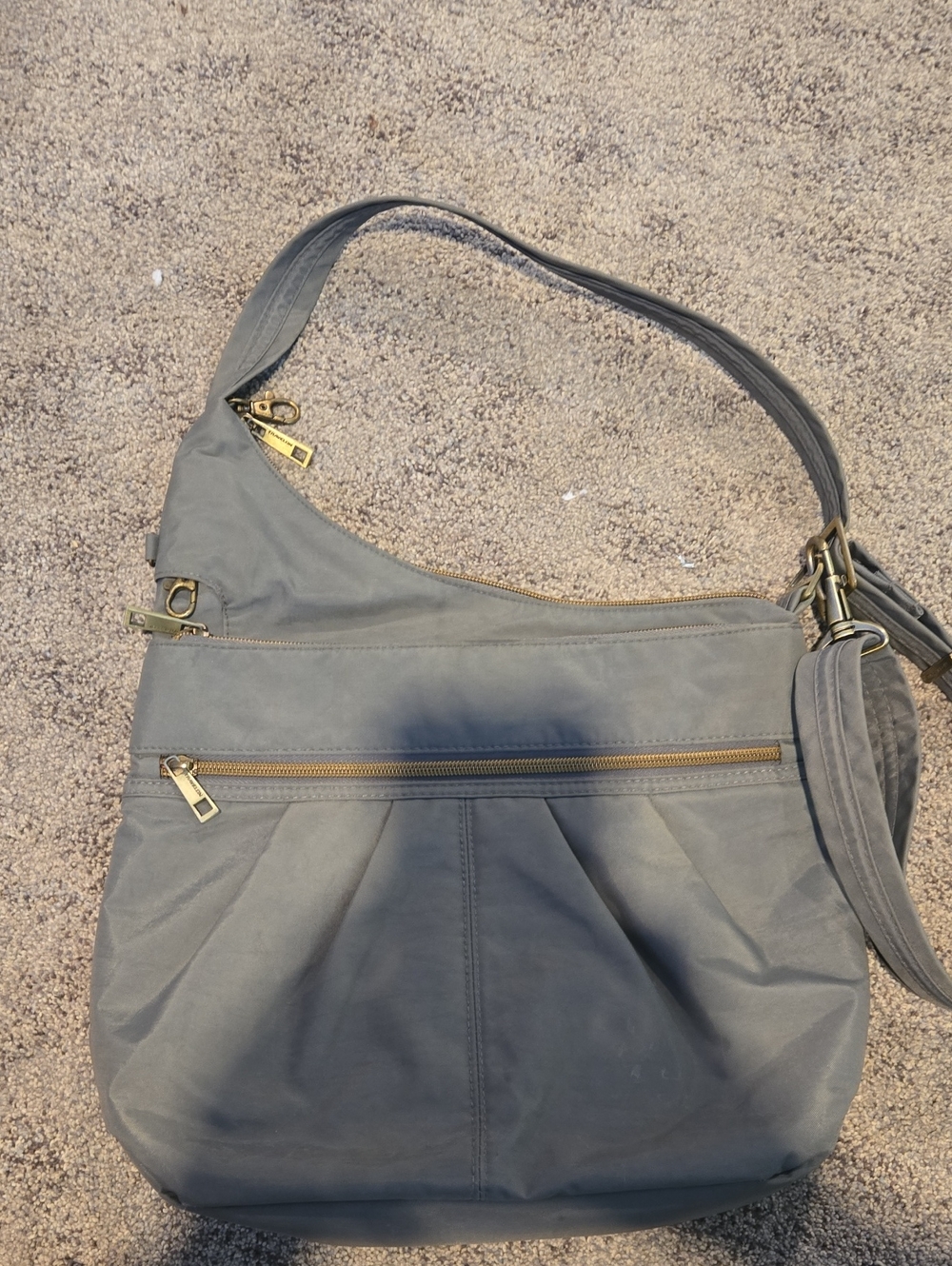 Travelon Gray With Coral Inside Shoulder Bag with Gold Hardware 4 Zip Pockets